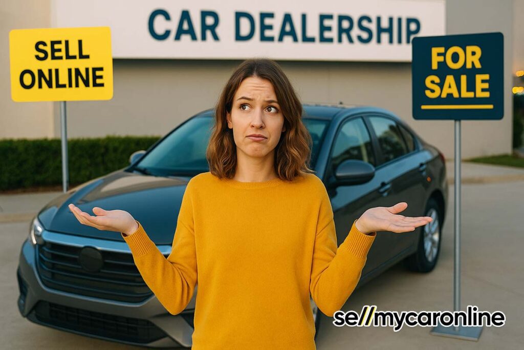 girl in front of car mulling over the different ways to sell her car