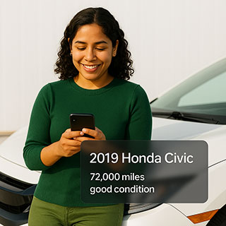 woman standing by vehicle while using Sell My Car Online website
