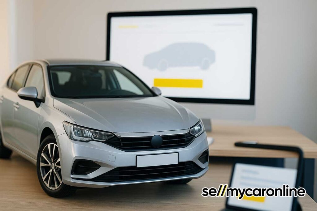 car next to computer showing the best car buying website