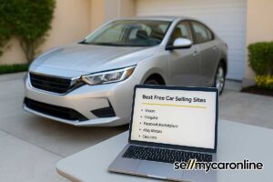 computer showing a list of free car advertising websites with a vehicle in the background waiting to be sold