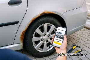 person getting online offer for used car with rust