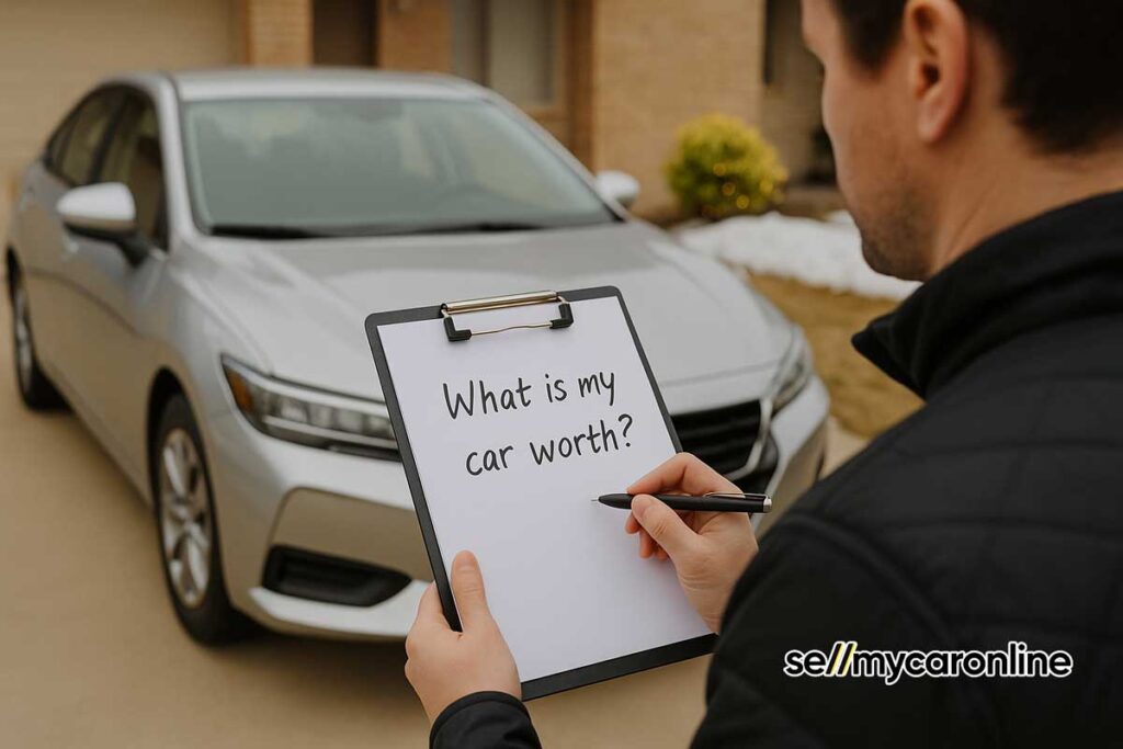 guy writing down questions to ask before selling car