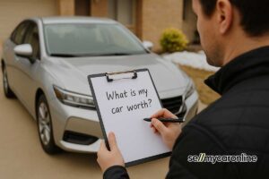 guy writing down questions to ask before selling car